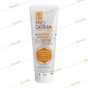 کرم ضد افتاب و روشن کننده لک های پوست SPF50 پرودرما مناسب انواع پوست (بژ روشن)